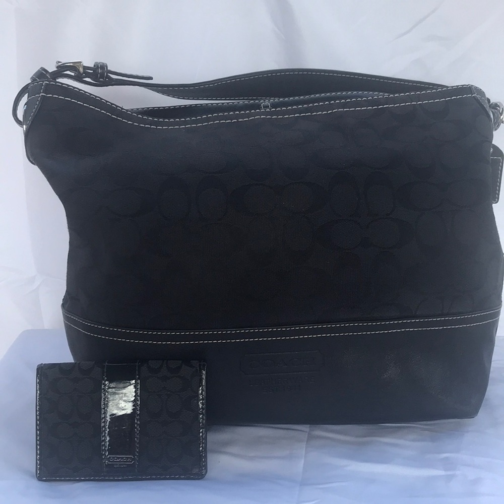 Coach Black Signature Canvas Shoulder Bag with Card Wallet